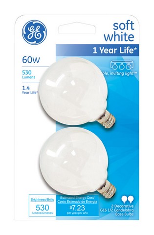44723 G16-0.5 60 Watt- 580 Lumens Decorative Globe Bulbs - Pack Of 6