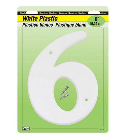 Hy-ko 30306 6 In. White Plastic Number 6 - Pack Of 5