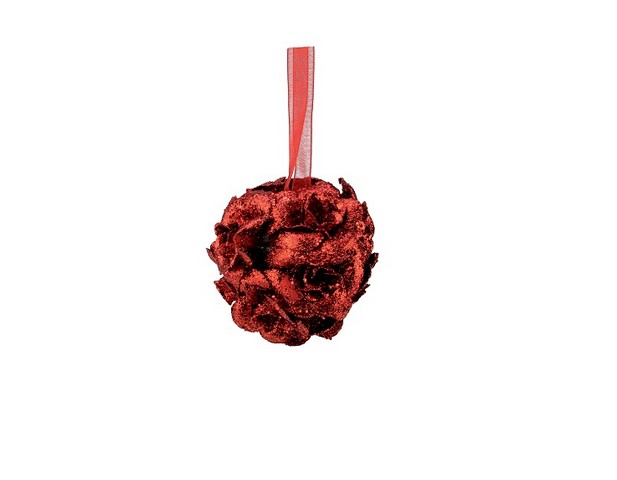 3 in. Holographic Glitter Drenched Christmas Rose Ball Ornaments, Red - 3 Piece