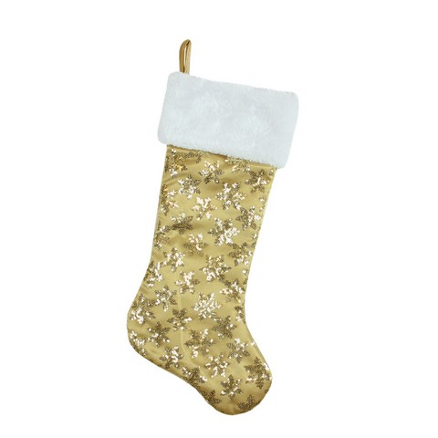 20.5 In. Gold Sequin Snowflake Christmas Stocking With White Faux Synthetic Fur Cuff