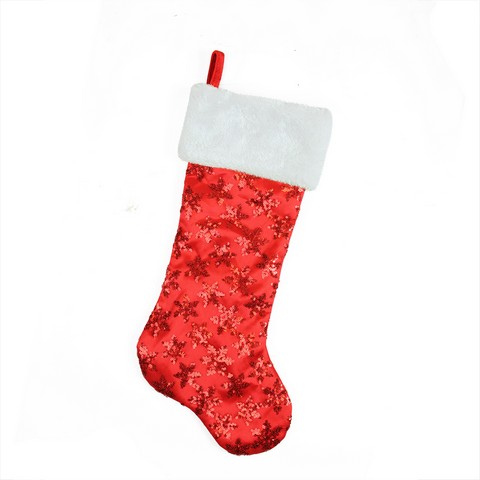 20.5 In. Red Sequin Snowflake Christmas Stocking With White Faux Synthetic Fur Cuff