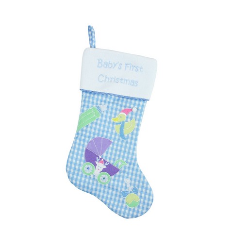 18.5 In. Checked Babys First Christmas Embroidered Stocking With Fleece Cuff, Blue & White