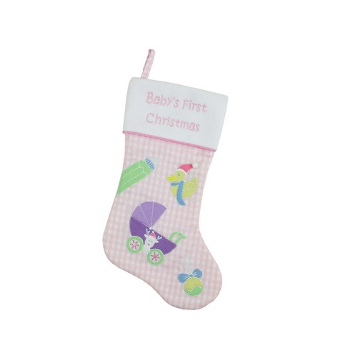 18.5 In. Checked Babys First Christmas Embroidered Stocking With Fleece Cuff, Pink & White