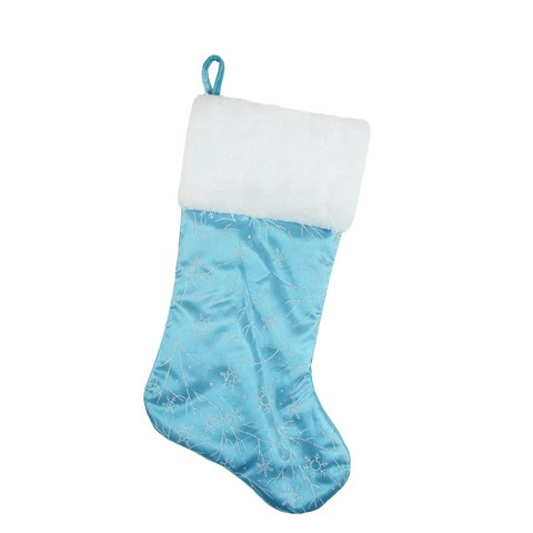 20.5 In. Ice Palace Blue Glitter Snowflake Organza Christmas Stocking With White Faux Synthetic Fur Cuff