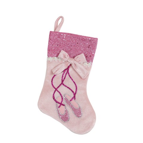 13 In. Pretty In Pink Metallic Embroidered Ballerina Shoes Christmas Stocking With Glitter Cuff & Bow