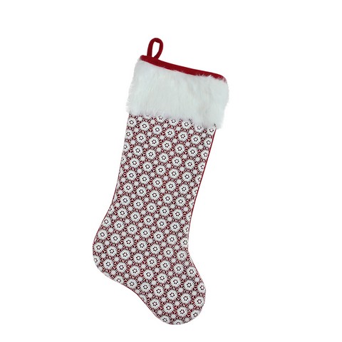 20.5 In. Lace Christmas Stocking With White Faux Synthetic Fur Cuff- Red & White