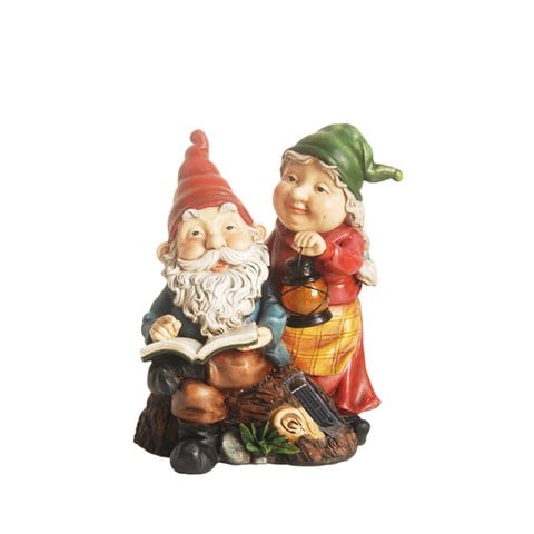 11.5 In. Reading Forest Gnome Couple With Solar Powered Led Lighted Lantern Outdoor Patio Garden Statue