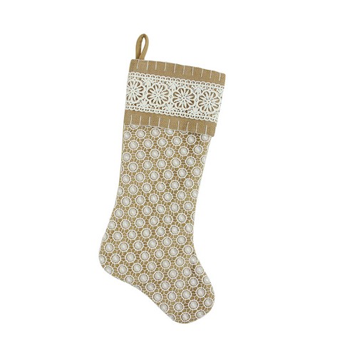 20.5 In. Tan Brown & White Lace With Burlap & Lace Cuff Christmas Stocking