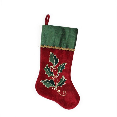 20.5 In. Holly Embroidered Velvet Christmas Stocking With Metallic Trim, Red & Green