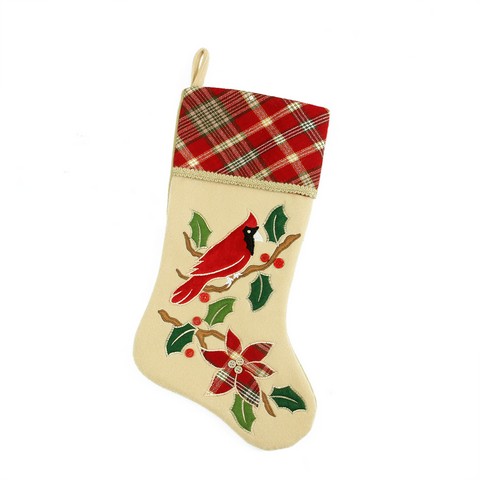 20.5 In. Country Cabin Embroidered Tan Cardinal Bird Christmas Stocking With Red Plaid Cuff