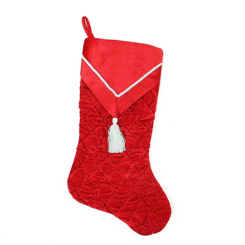 20.5 In. Quilted Red Velvet With White Cord & Tassel V-cuff Christmas Stocking