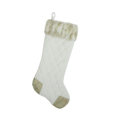 20.5 In. Quilted Cream White Velvet Christmas Stocking With Heel & Toe Design & Tan Faux Synthetic Fur Cuff