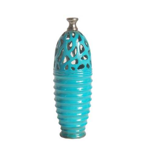 15 In. Cerulean Blue & Gray Decorative Outdoor Patio Cutout Vase