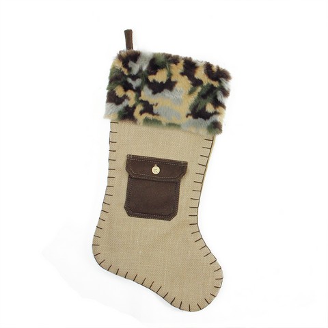 20.5 In. Burlap & Brown Pocket Christmas Stocking With Camouflage Faux Synthetic Fur Cuff
