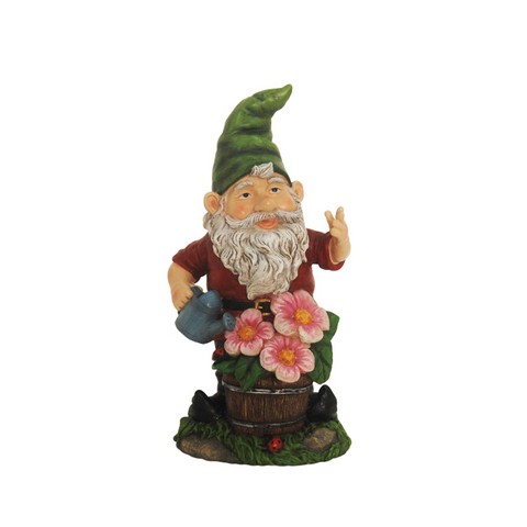 13 In. Gnome With Flowers Solar Powered Lighted Outdoor Patio Garden Statue