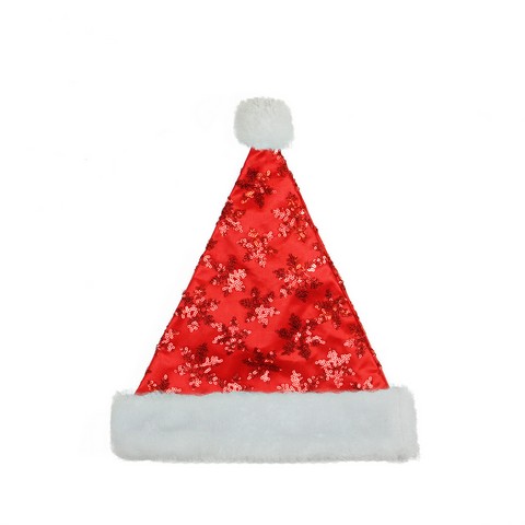 14 In. Red Sequin Snowflake Christmas Santa Hat With White Faux Synthetic Fur Brim