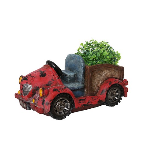 14.5 In. Distressed Red Vintage Car Led Lighted Solar Powered Outdoor Garden Patio Planter