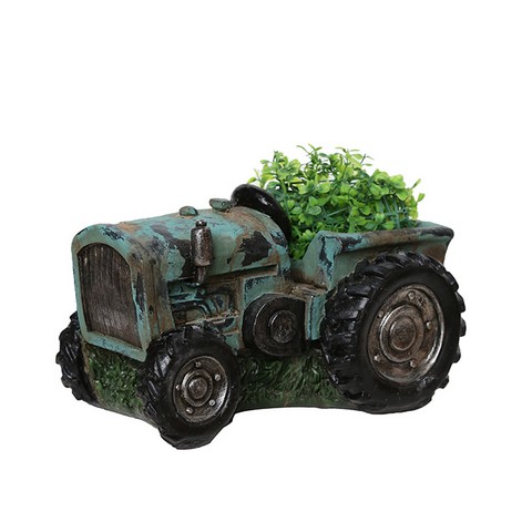 12.25 In. Distressed Teal & Black Tractor Outdoor Garden Patio Planter
