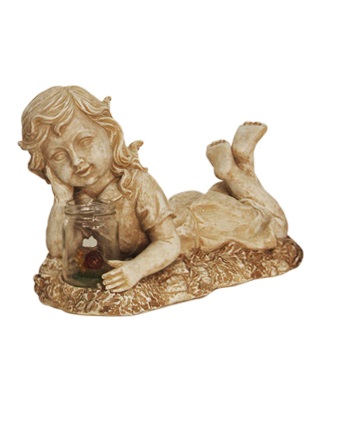 14 In. Distressed Almond Brown Lounging Girl Solar Powered Led Lighted Outdoor Patio Garden Statue