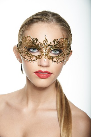 Kayso Ba001gd Gold Luxury Metal Filigree Laser Cut Masquerade Mask With Clear Rhinestones, 3 X 8 In. - One Size