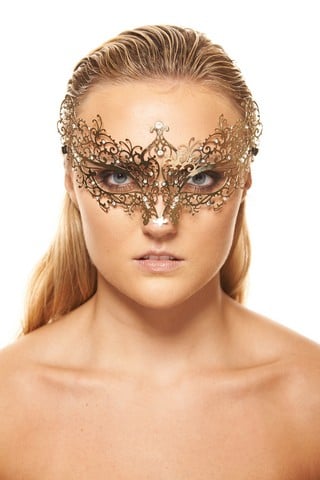 Gold Luxury Metal Filigree Laser Cut Masquerade Mask With Clear Rhinestones, 4 X 9 In. - One Size