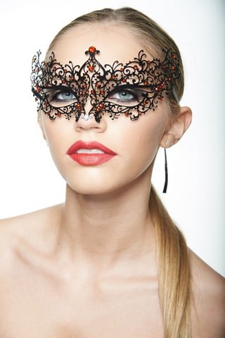 Black Luxury Metal Filigree Laser Cut Masquerade Mask With Red Rhinestones, 4 X 9 In. - One Size