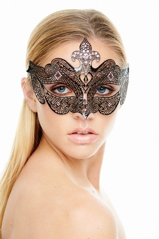 Black Luxury Metal Venetian Medieval Laser Cut Masquerade Mask With Pink Rhinestones - One Size