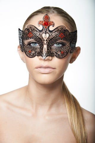 Black Luxury Metal Venetian Medieval Laser Cut Masquerade Mask With Red Rhinestones - One Size