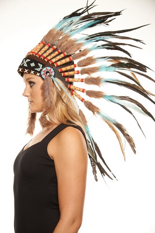 Kayso Sh003 Short Length Hand-made Brown Synthetic Fur Teal & Brown Feather Headdress