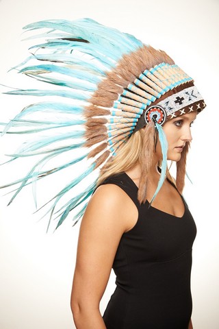 Kayso Sh006 Short Length Hand-made Brown Synthetic Fur Teal Feather Headdress