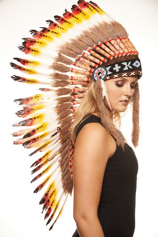 Kayso Mh004 Medium Length Hand-made Brown Synthetic Fur Orange Black Feather Headdress