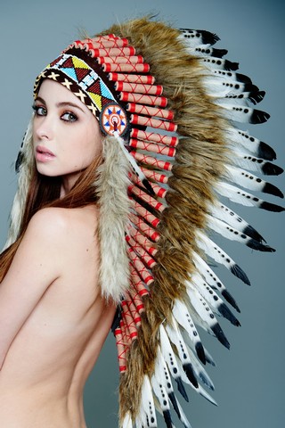 Kayso Mh006 Medium Length Hand-made Brown Synthetic Fur Black & White Feather Headdress