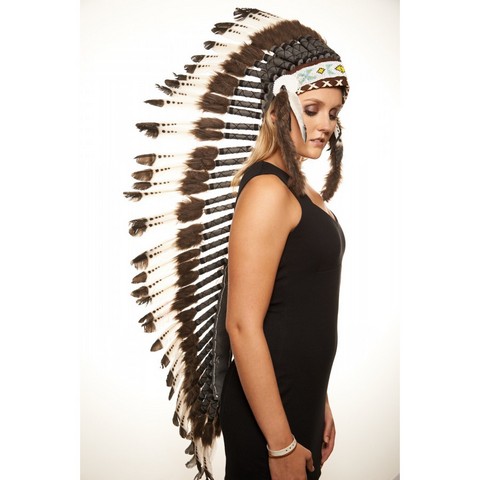 Kayso Xh005 Long Length Hand-made Dark Brown Synthetic Fur White & Black Feather Headdress