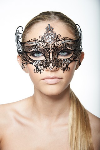 Kayso Bd002bk Black Luxury Royal Laser Cut Metal Masquerade Mask With Clear Rhinestones, 5 X 9.5 In. - One Size