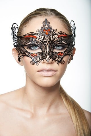 Black Luxury Royal Laser Cut Metal Masquerade Mask With Red Rhinestones - One Size