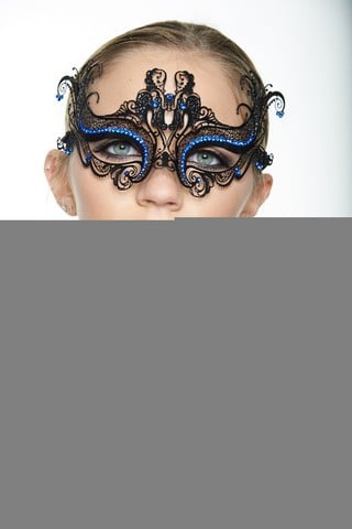 Black Luxury Oriental Laser Cut Metal Masquerade Mask With Blue Rhinestones - One Size