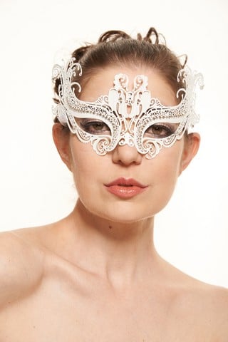 White With Clear Rhinestones Luxury Oriental Laser Cut Metal Masquerade Mask - One Size