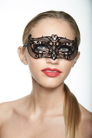 Black Luxurious Laser Cut Metal Masquerade Mask With Clear Rhinestones - One Size