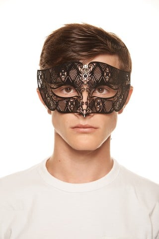 Black Luxury Roman Guard Filigree Laser Cut Metal Mask With Clear Rhinestones, 4 X 9.5 In. - One Size