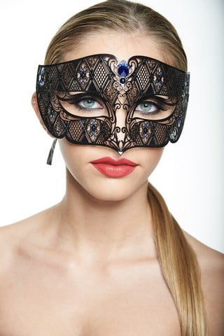 Black Luxury Roman Guard Filigree Laser Cut Metal Mask With Blue Rhinestones - One Size