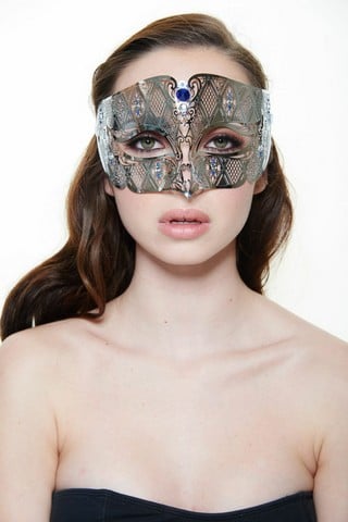 Silver With Blue Rhinestones Luxury Roman Guard Filigree Laser Cut Metal Mask - One Size