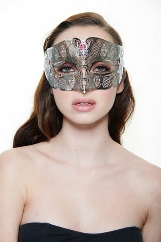 Silver With Pink Rhinestones Luxury Roman Guard Filigree Laser Cut Metal Mask - One Size