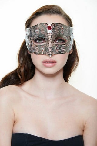 Silver With Red Rhinestones Luxury Roman Guard Filigree Laser Cut Metal Mask - One Size