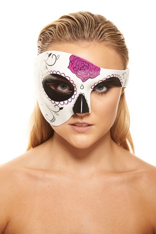 Kayso Dod004 Day Of The Dead Black & White Sugar Skull Mask With Purple Flower, 6 X 11 In. - One Size