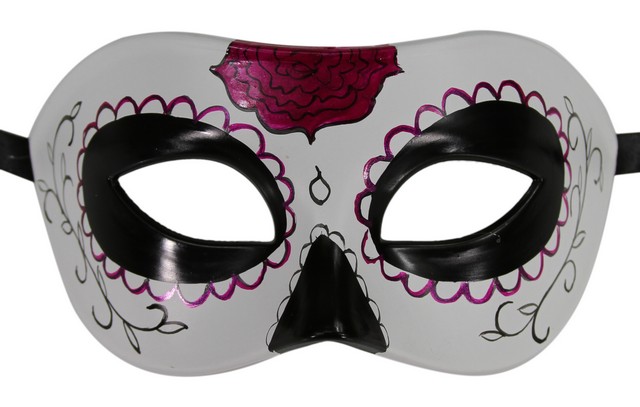 Kayso Dod004b Day Of The Dead Black & White Sugar Skull Mask With Purple Flower, 4 X 10 In. - One Size