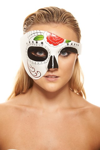 Kayso Dod005 Day Of The Dead Sugar Skull Mask With Red Rose & Green Leaves, Black & White, 6 X 11 In. - One Size