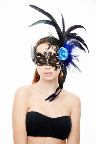 Kayso Fbf003bk-bl Majestic Black Swan Laser Cut Masquerade Mask With Feathers & Blue Flower Arrangement - One Size