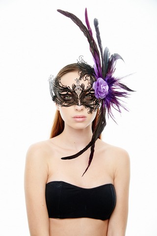 Kayso Fbf003bk-pu Majestic Black Swan Laser Cut Masquerade Mask With Feathers & Purple Flower Arrangement - One Size