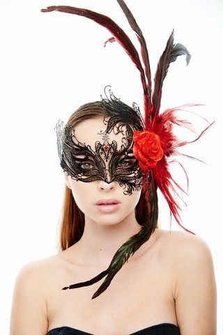 Kayso Fbf003bk-rd Majestic Blackswan Laser Cut Masquerade Mask With Feathers & Red Flower Arrangement - One Size