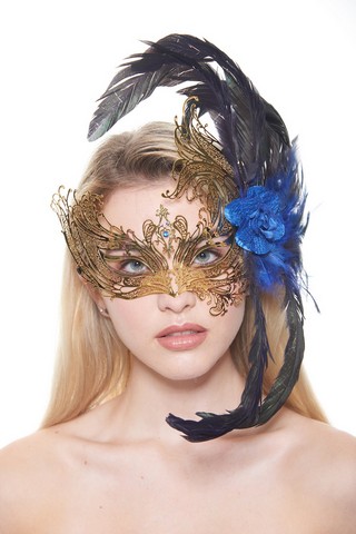 Kayso Fbf003gd-bl Majestic Gold Swan Laser Cut Masquerade Mask With Feathers & Blue Flower Arrangement - One Size